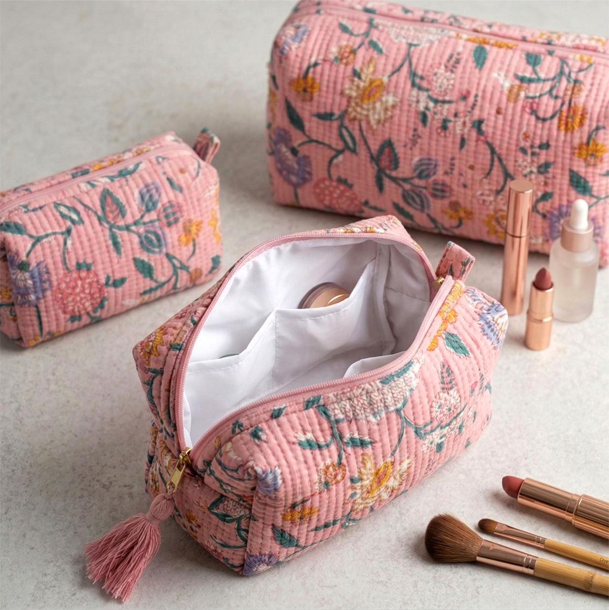 Set Of 3 Makeup Bag, Rooh Flora Block Print Cotton Travel Case, Quilted Cosmetic Storage Bag Set