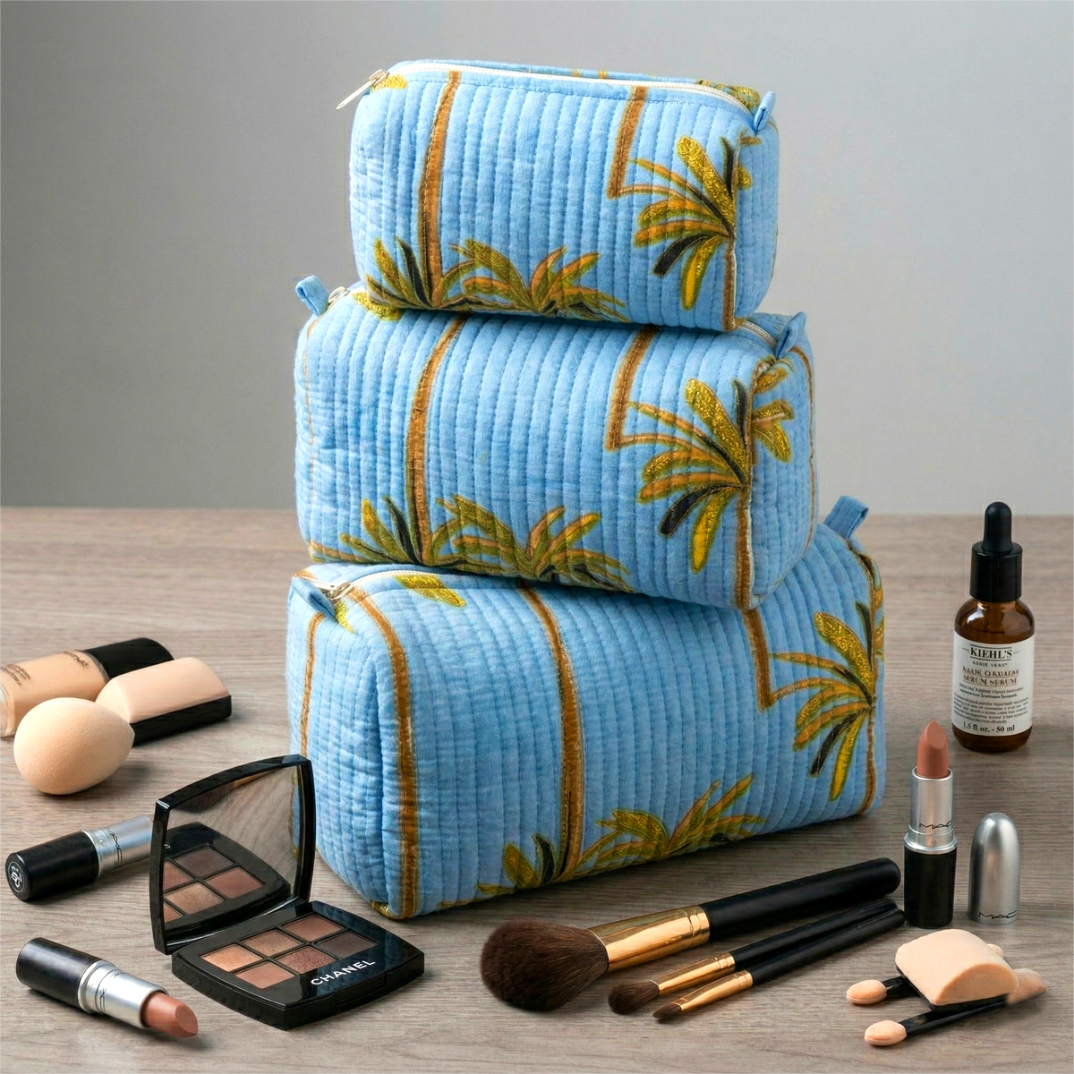 Set Of 3 Makeup Bag, Tarang Palms Velvet Print Travel Case, Quilted Cosmetic Storage Bag Set