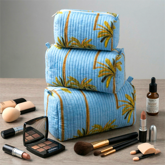 Set Of 3 Makeup Bag, Tarang Palms Velvet Print Travel Case, Quilted Cosmetic Storage Bag Set
