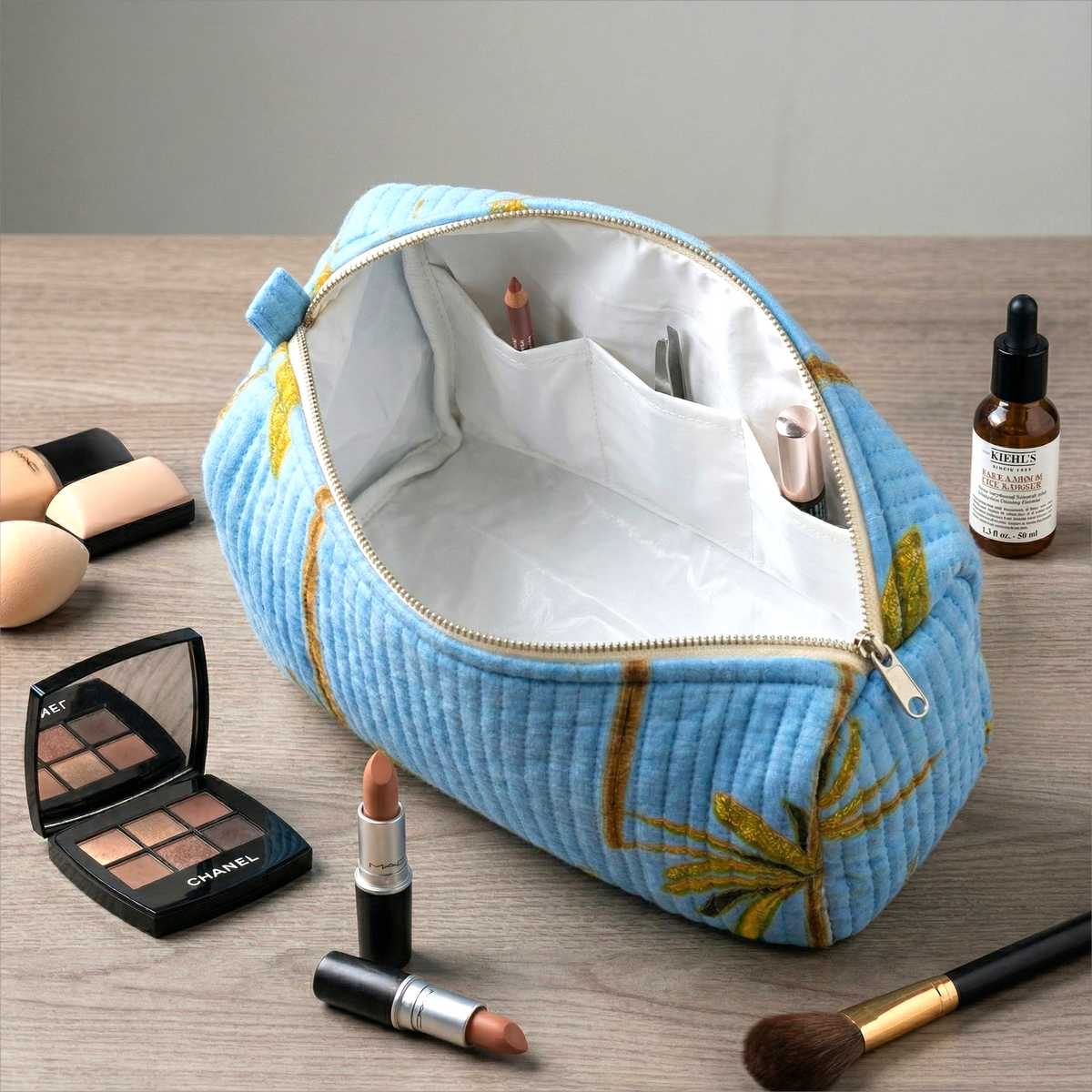 Set Of 3 Makeup Bag, Tarang Palms Velvet Print Travel Case, Quilted Cosmetic Storage Bag Set