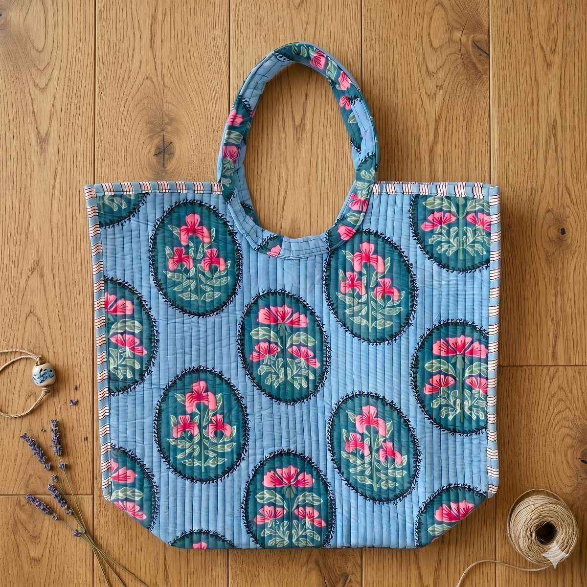Handmade Blue Floral Block Print Quilted Cotton Tote Bag, Indian Boho Shoulder Bag, Medallion Botanical Travel Beach Bag