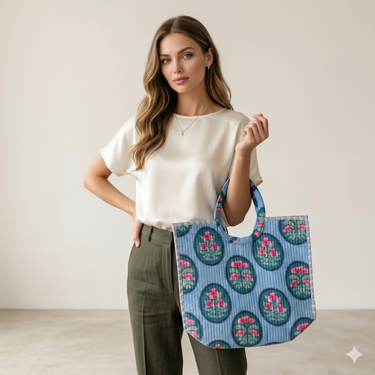 Handmade Blue Floral Block Print Quilted Cotton Tote Bag, Indian Boho Shoulder Bag, Medallion Botanical Travel Beach Bag