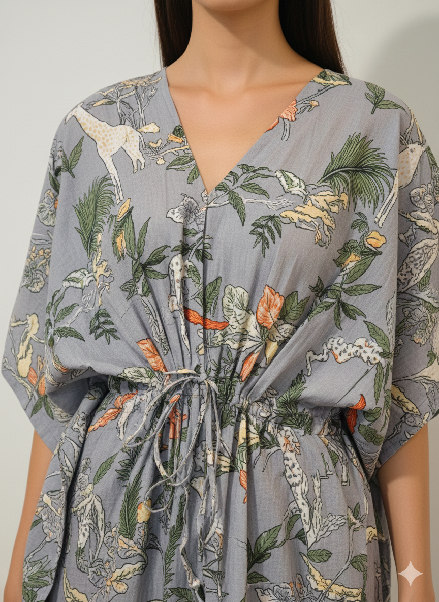 Hand Block Print Cotton Kaftan - Green Jungle Safari Long Maxi Dress, Soft Loungewear