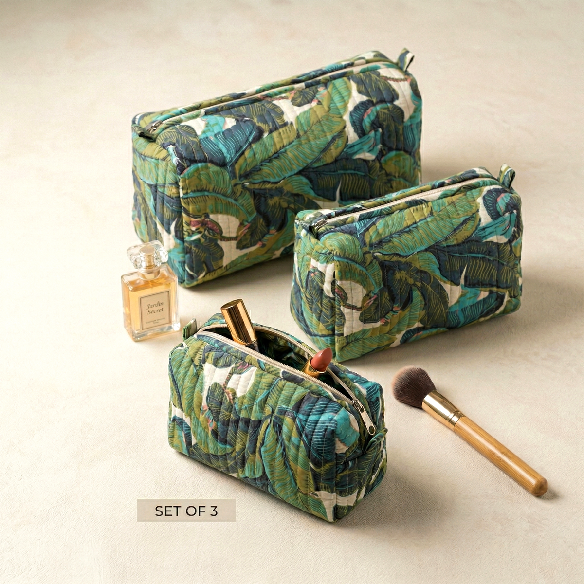 Set Of 3 Makeup Bag, Vanya Leaf Tropical Print Quilted Travel Case, Luxury Cosmetic Storage Bag Set