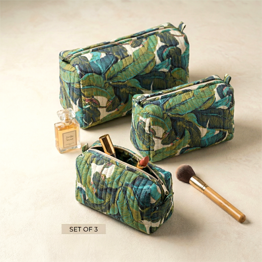 Set Of 3 Makeup Bag, Vanya Leaf Tropical Print Quilted Travel Case, Luxury Cosmetic Storage Bag Set