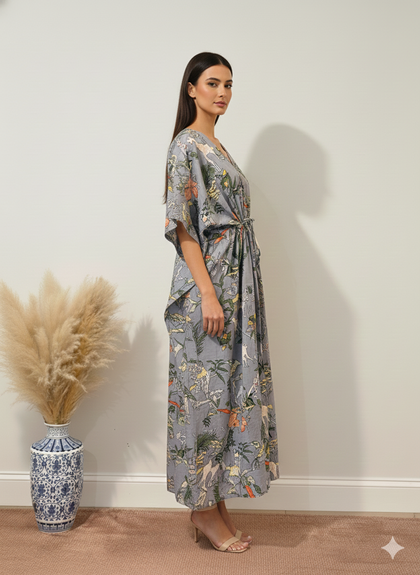 Hand Block Print Cotton Kaftan - Green Jungle Safari Long Maxi Dress, Soft Loungewear