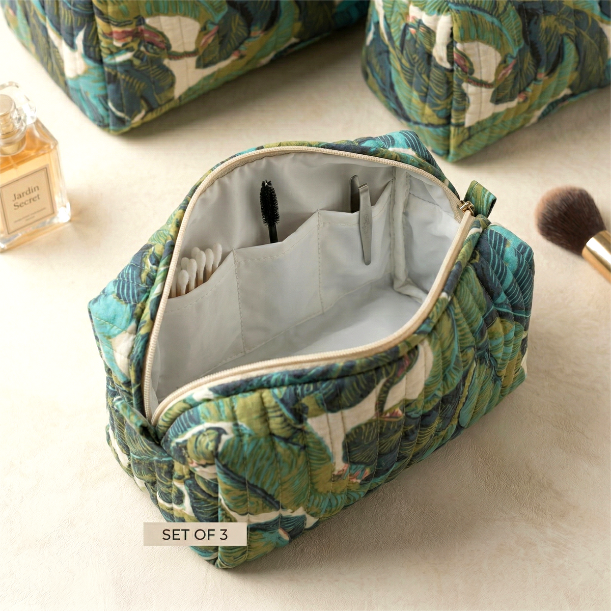 Set Of 3 Makeup Bag, Vanya Leaf Tropical Print Quilted Travel Case, Luxury Cosmetic Storage Bag Set