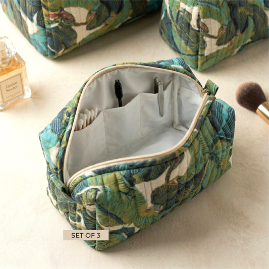 Set Of 3 Makeup Bag, Vanya Leaf Tropical Print Quilted Travel Case, Luxury Cosmetic Storage Bag Set