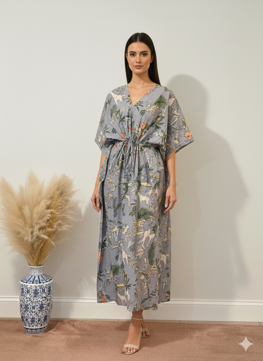Hand Block Print Cotton Kaftan - Green Jungle Safari Long Maxi Dress, Soft Loungewear