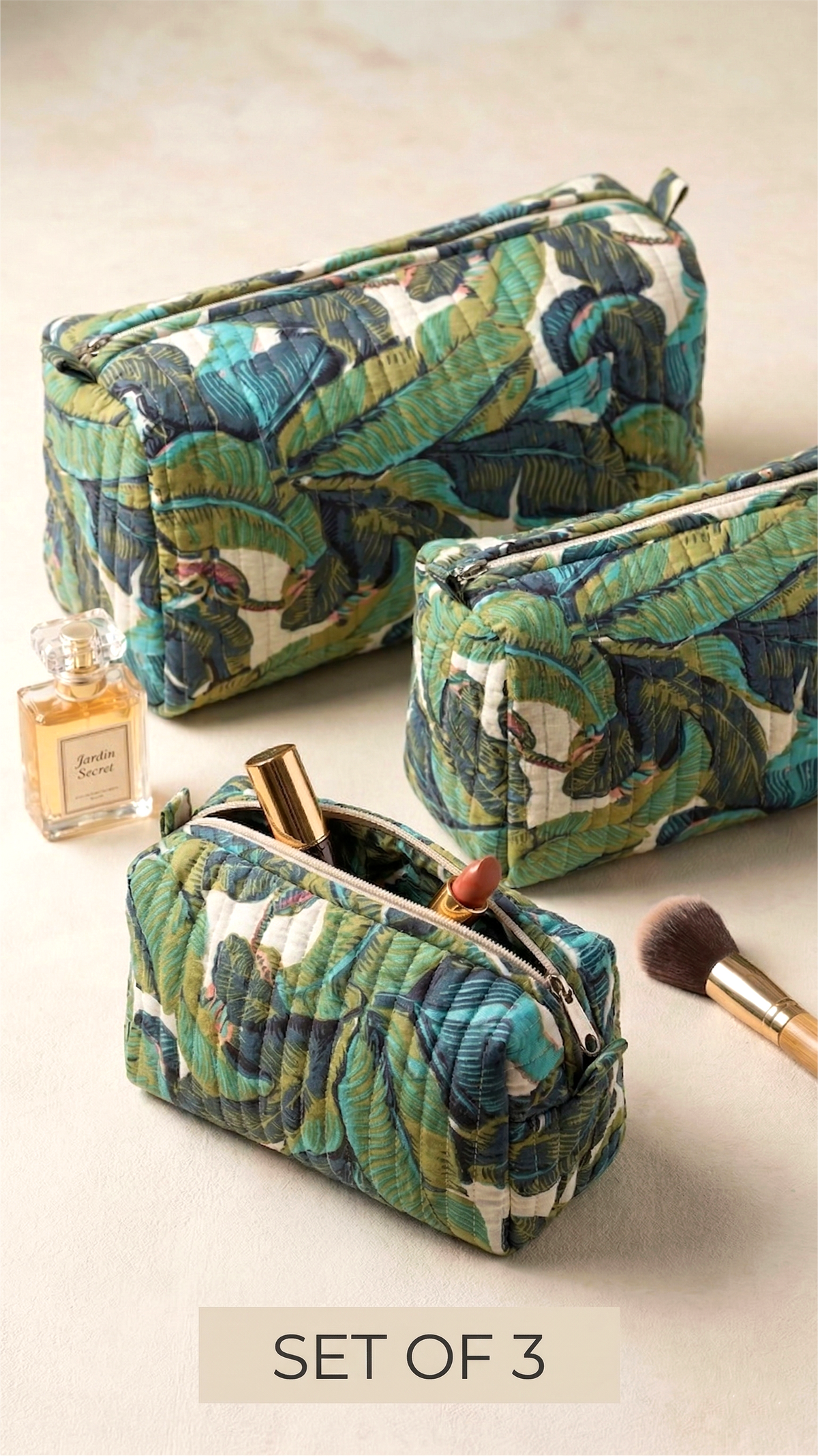 Set Of 3 Makeup Bag, Vanya Leaf Tropical Print Quilted Travel Case, Luxury Cosmetic Storage Bag Set