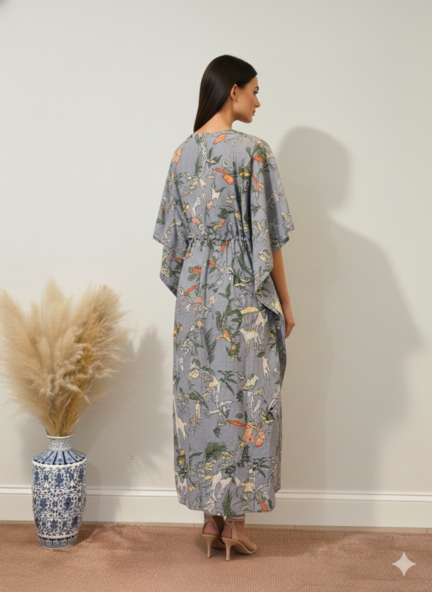 Hand Block Print Cotton Kaftan - Green Jungle Safari Long Maxi Dress, Soft Loungewear