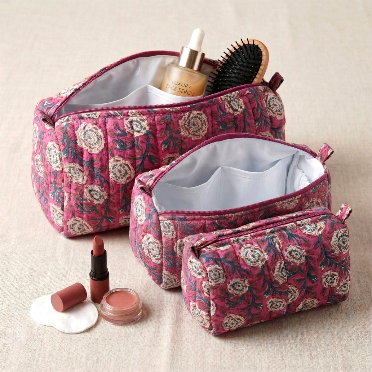 Set Of 3 Makeup Bag, Rani Bloom Floral Block Print Cotton Travel Case, Quilted Cosmetic Storage Bag Set
