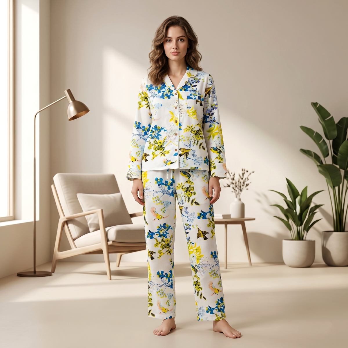 Blue Floral & Yellow Bird Print Cotton Pajama Set, Whimsical Botanical Sleepwear & Lounge Apparel