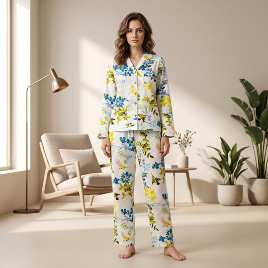 Blue Floral & Yellow Bird Print Cotton Pajama Set, Whimsical Botanical Sleepwear & Lounge Apparel