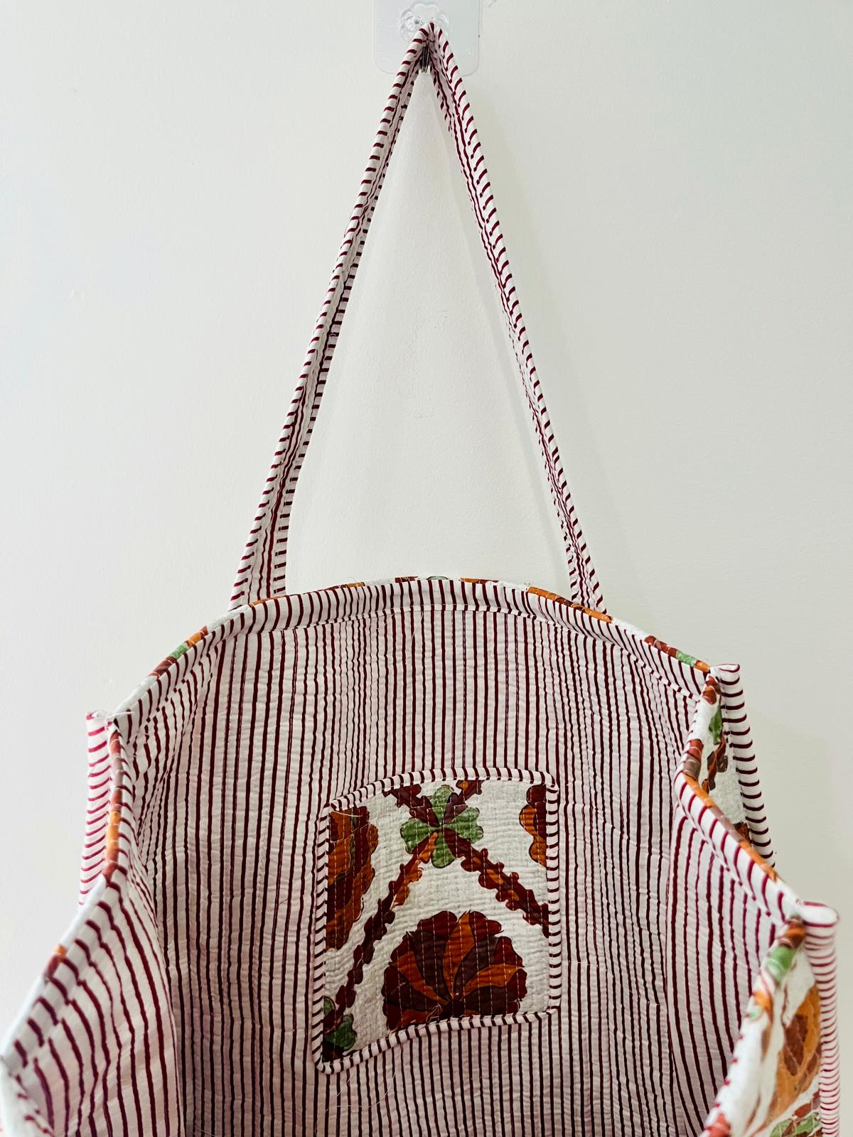 Handmade Orange Floral Block Print Quilted Cotton Tote Bag, Indian Boho Shoulder Bag, Lattice Botanical Travel Beach Bag