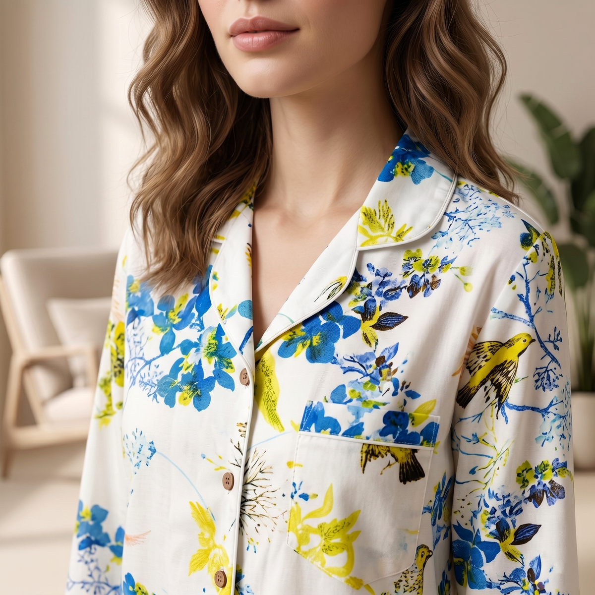 Blue Floral & Yellow Bird Print Cotton Pajama Set, Whimsical Botanical Sleepwear & Lounge Apparel