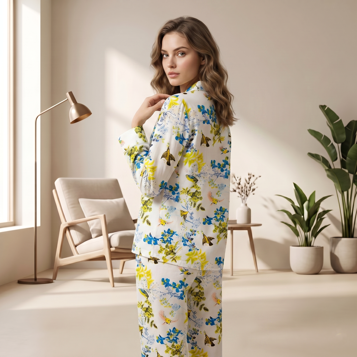 Blue Floral & Yellow Bird Print Cotton Pajama Set, Whimsical Botanical Sleepwear & Lounge Apparel