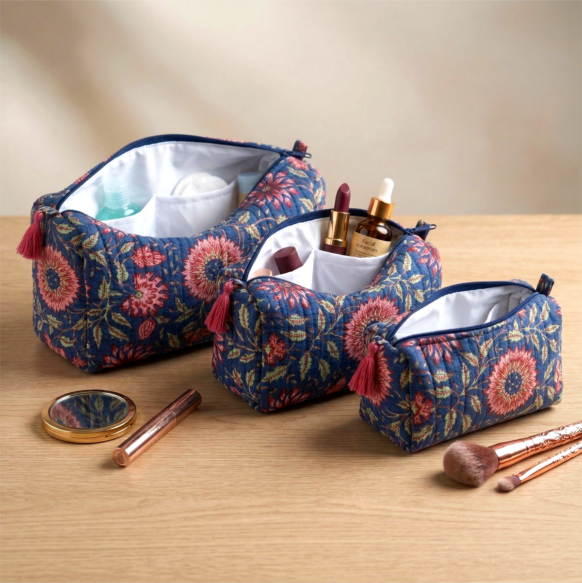 Set Of 3 Makeup Bag, Neelam Flora Floral Block Print Cotton Travel Case, Quilted Cosmetic Storage Bag Set