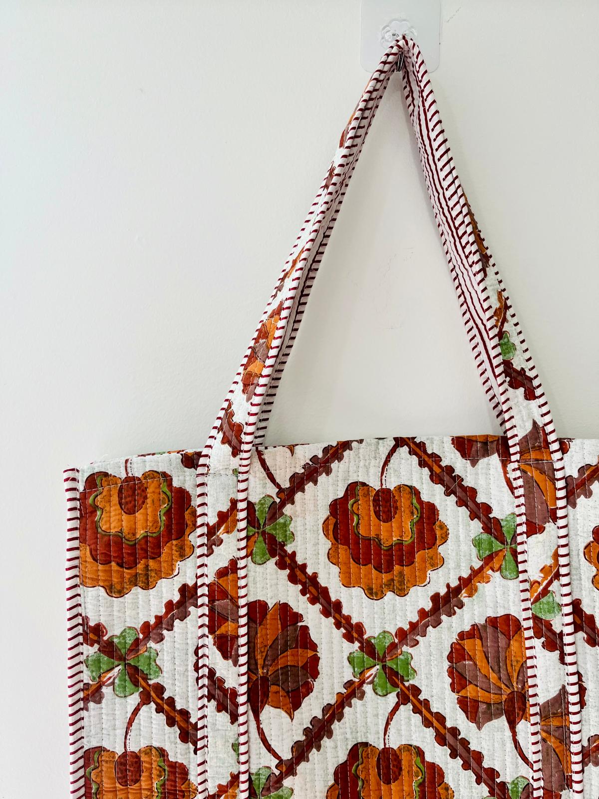 Handmade Orange Floral Block Print Quilted Cotton Tote Bag, Indian Boho Shoulder Bag, Lattice Botanical Travel Beach Bag
