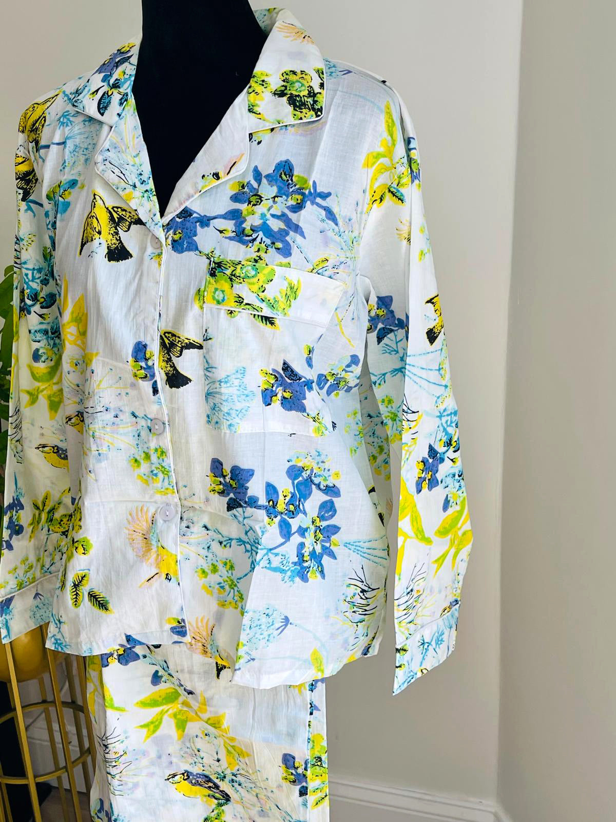 Blue Floral & Yellow Bird Print Cotton Pajama Set, Whimsical Botanical Sleepwear & Lounge Apparel