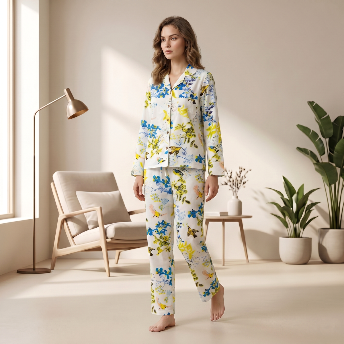 Blue Floral & Yellow Bird Print Cotton Pajama Set, Whimsical Botanical Sleepwear & Lounge Apparel