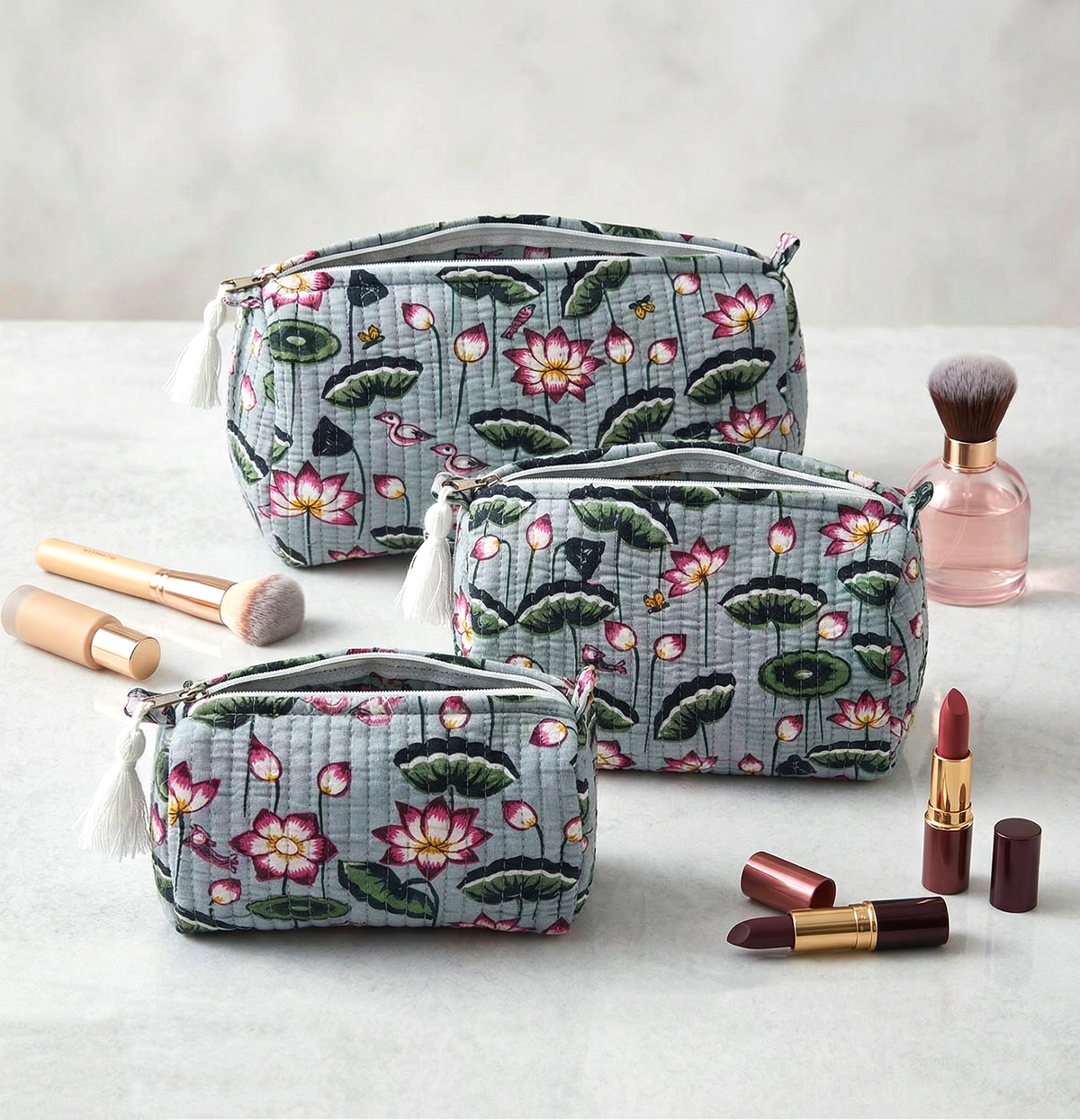 Set Of 3 Makeup Bag, Kamal Pond Floral Block Print Cotton Travel Case, Quilted Cosmetic Storage Bag Set