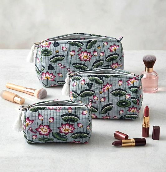 Set Of 3 Makeup Bag, Kamal Pond Floral Block Print Cotton Travel Case, Quilted Cosmetic Storage Bag Set