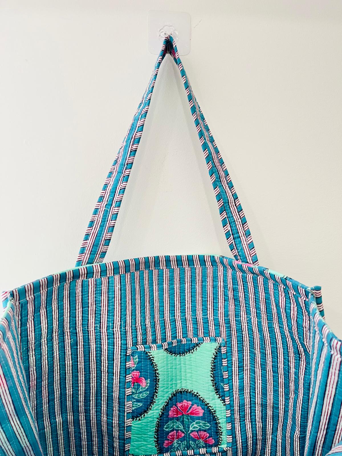 Handmade Orange Floral Block Print Quilted Cotton Tote Bag, Indian Boho Shoulder Bag, Lattice Botanical Travel Beach Bag