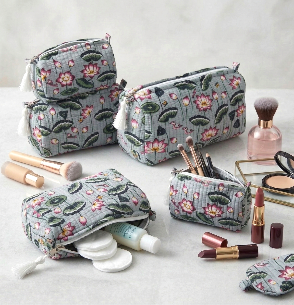 Set Of 3 Makeup Bag, Kamal Pond Floral Block Print Cotton Travel Case, Quilted Cosmetic Storage Bag Set