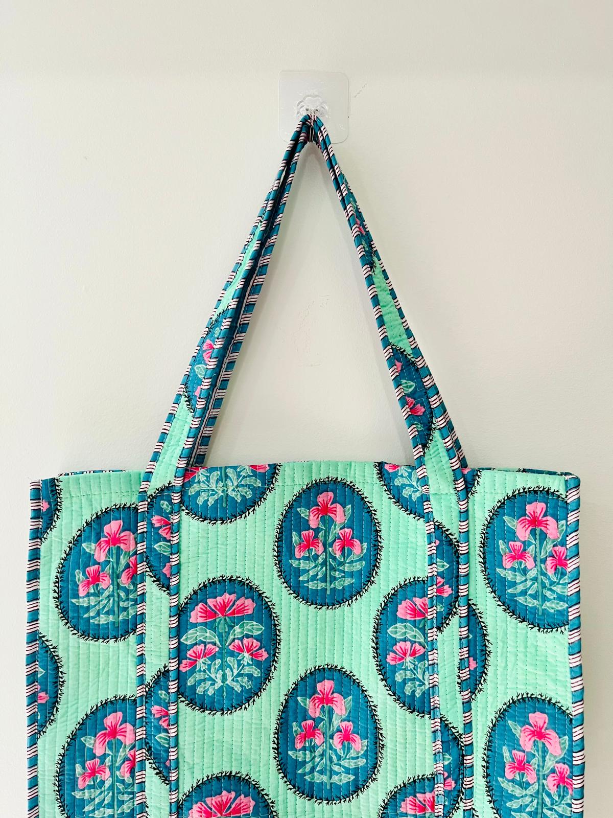 Handmade Orange Floral Block Print Quilted Cotton Tote Bag, Indian Boho Shoulder Bag, Lattice Botanical Travel Beach Bag