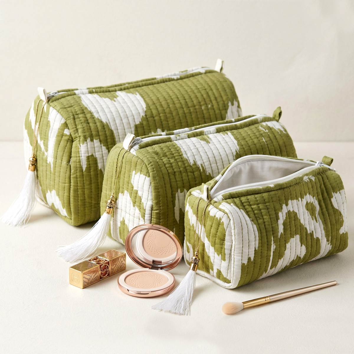 Set Of 3 Makeup Bag, Panna Moss Abstract Block Print Cotton Travel Case, Quilted Cosmetic Storage Bag Set