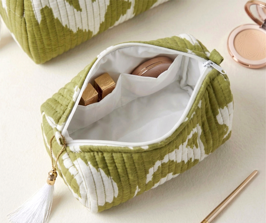 Set Of 3 Makeup Bag, Panna Moss Abstract Block Print Cotton Travel Case, Quilted Cosmetic Storage Bag Set