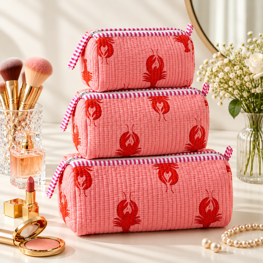 Set Of 3 Makeup Bag, Laal Coast Lobster Print Cotton Travel Case, Quilted Cosmetic Storage Bag Set
