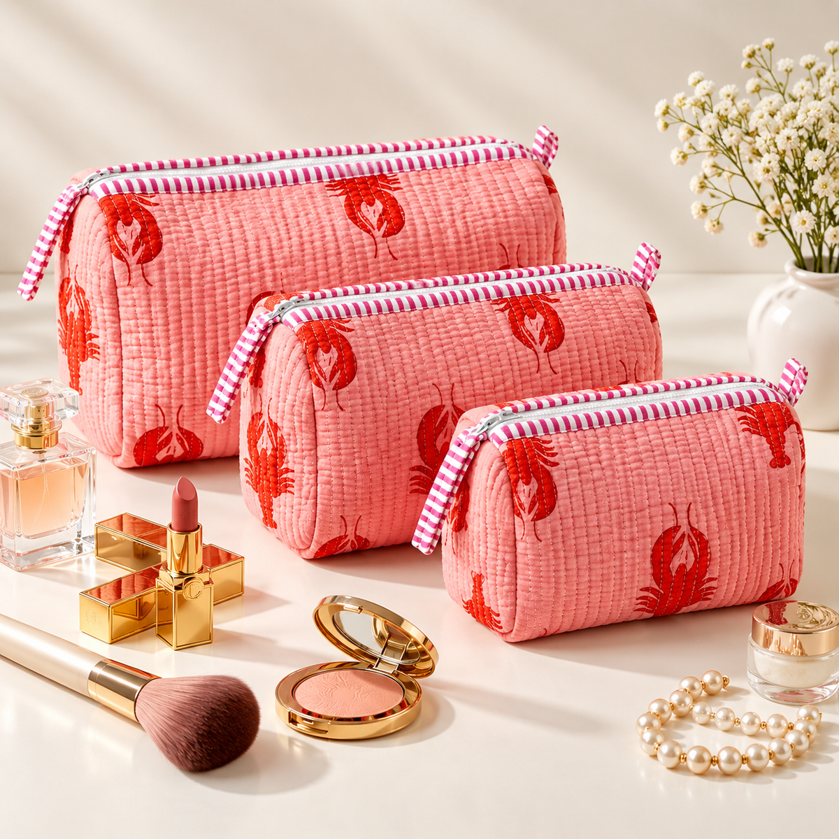 Set Of 3 Makeup Bag, Laal Coast Lobster Print Cotton Travel Case, Quilted Cosmetic Storage Bag Set