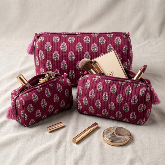 Set Of 3 Makeup Bag, Gulal Vine Floral Block Print Cotton Travel Case, Quilted Cosmetic Storage Bag Set