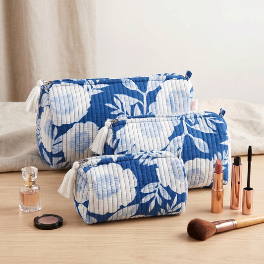 Set Of 3 Makeup Bag, Neela Blossom Floral Block Print Cotton Travel Case, Quilted Cosmetic Storage Bag Set