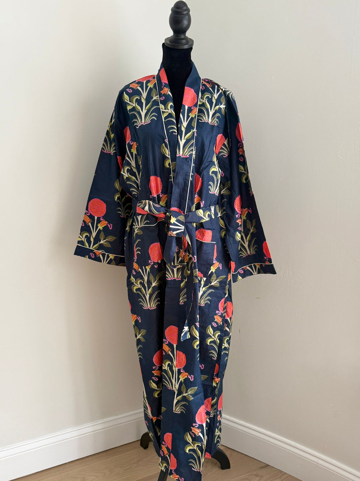 Navy & Coral Block Printed Cotton Kimono | Floral Motif Lounge Robe & Bohemian Sleepwear | Resort Wear