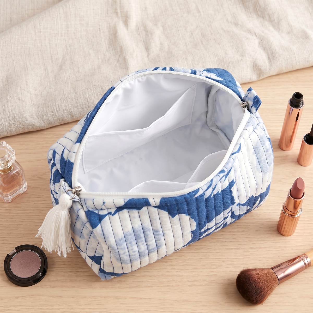 Set Of 3 Makeup Bag, Neela Blossom Floral Block Print Cotton Travel Case, Quilted Cosmetic Storage Bag Set