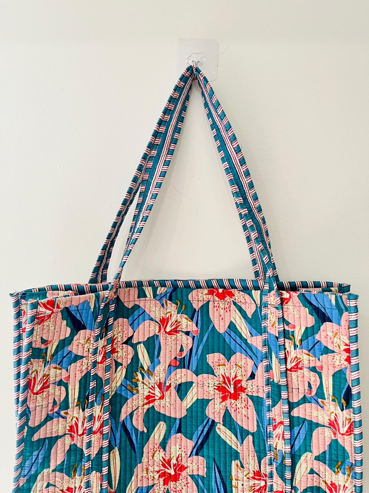 Handmade Teal Pink Lily Floral Block Print Quilted Cotton Tote Bag, Indian Boho Shoulder Bag, Tropical Botanical Travel Beach Bag