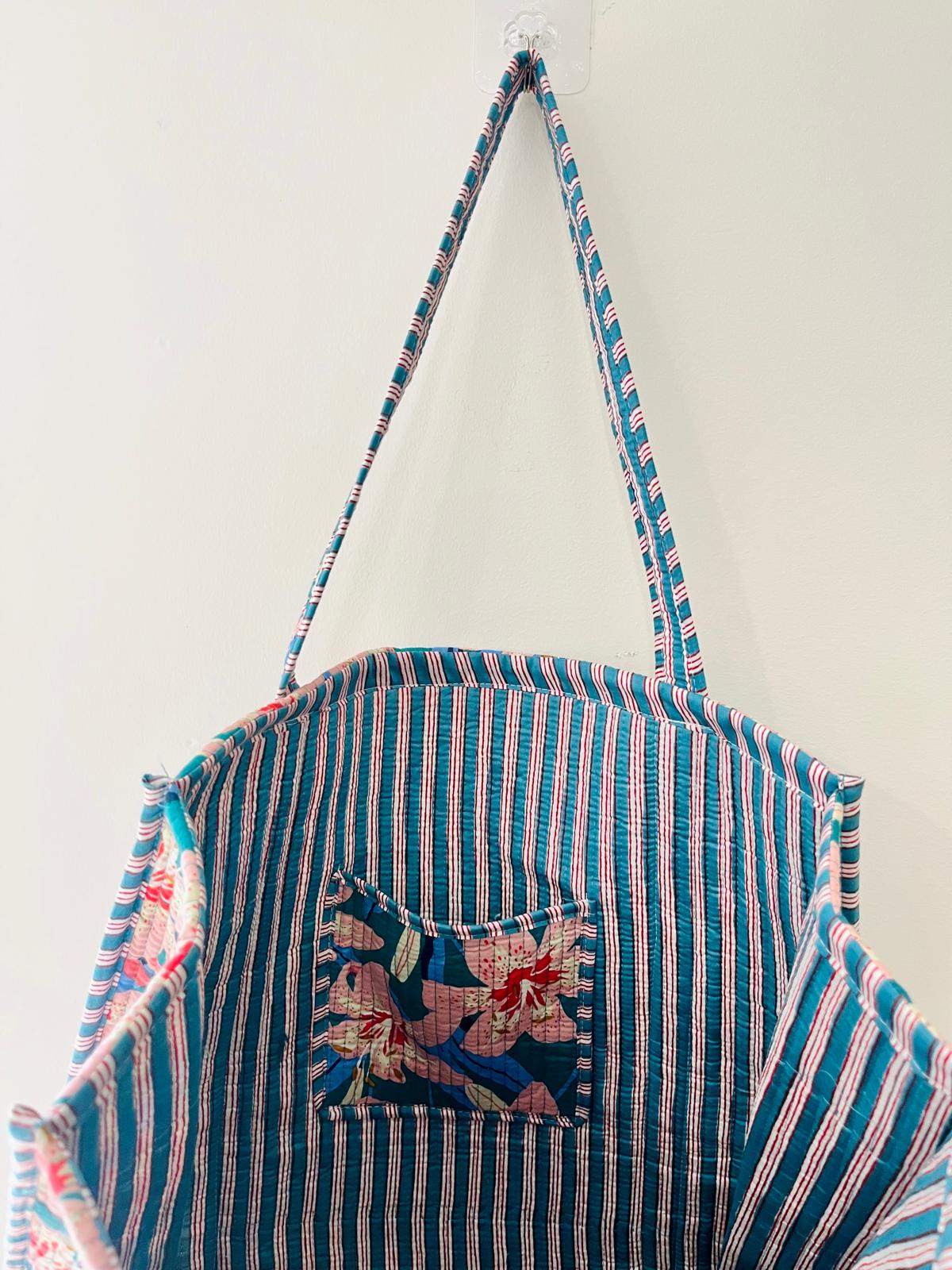 Handmade Teal Pink Lily Floral Block Print Quilted Cotton Tote Bag, Indian Boho Shoulder Bag, Tropical Botanical Travel Beach Bag