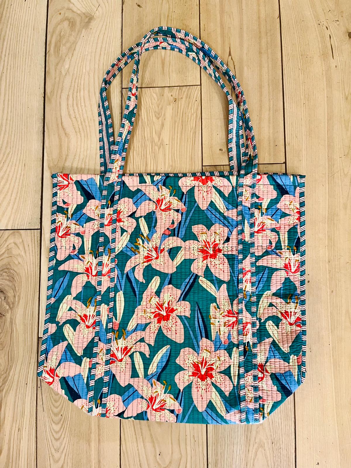 Handmade Teal Pink Lily Floral Block Print Quilted Cotton Tote Bag, Indian Boho Shoulder Bag, Tropical Botanical Travel Beach Bag
