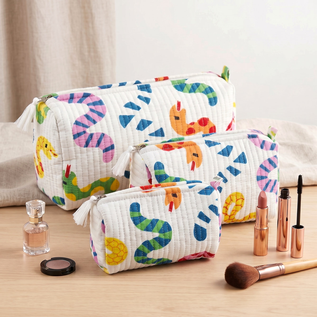 Set Of 3 Makeup Bag, Sunny Waves Print Cotton Travel Case, Quilted Cosmetic Storage Bag Set (Copy)