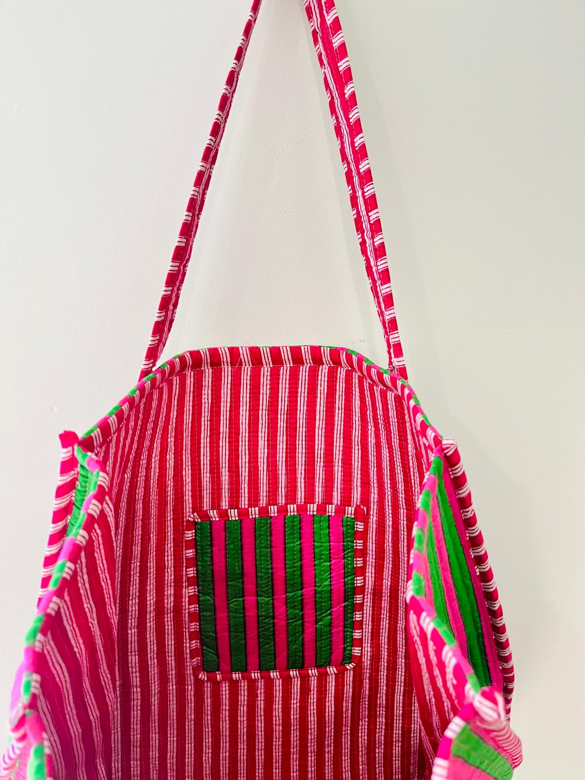 Handmade Pink Green Striped Quilted Cotton Tote Bag, Indian Block Print Geometric Boho Shoulder Bag, Casual Travel Beach Bag