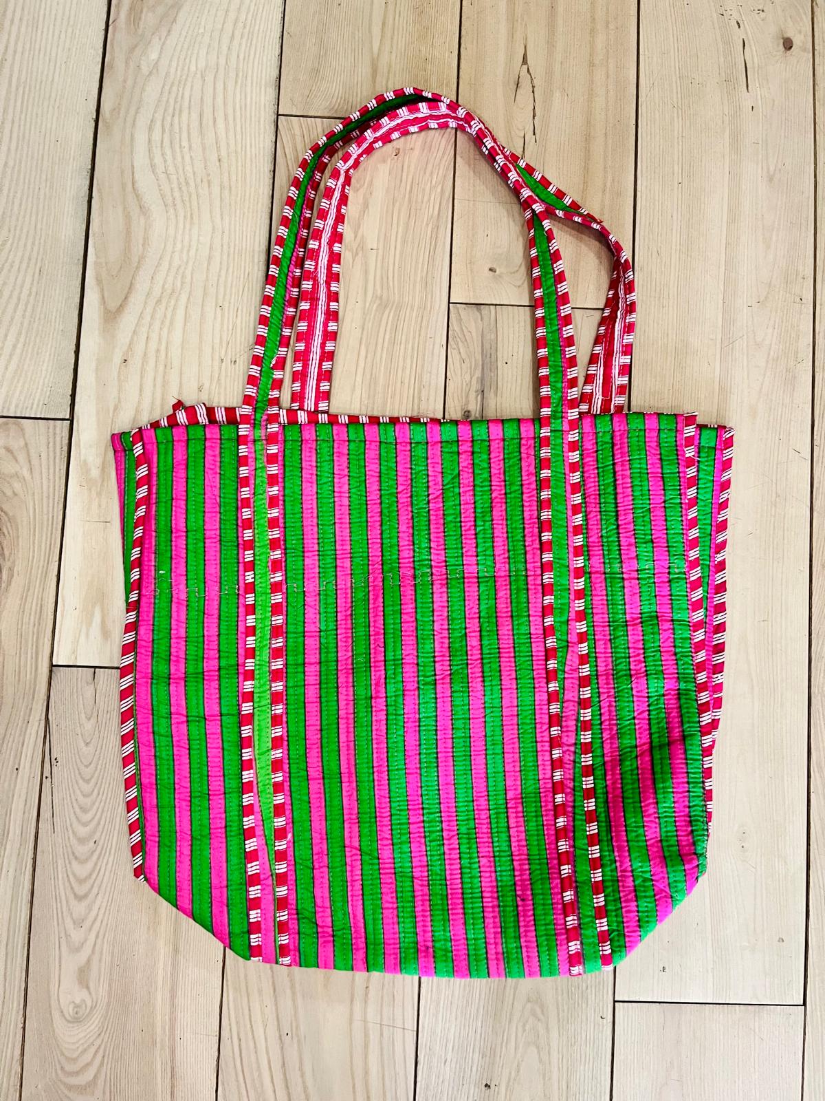 Handmade Pink Green Striped Quilted Cotton Tote Bag, Indian Block Print Geometric Boho Shoulder Bag, Casual Travel Beach Bag