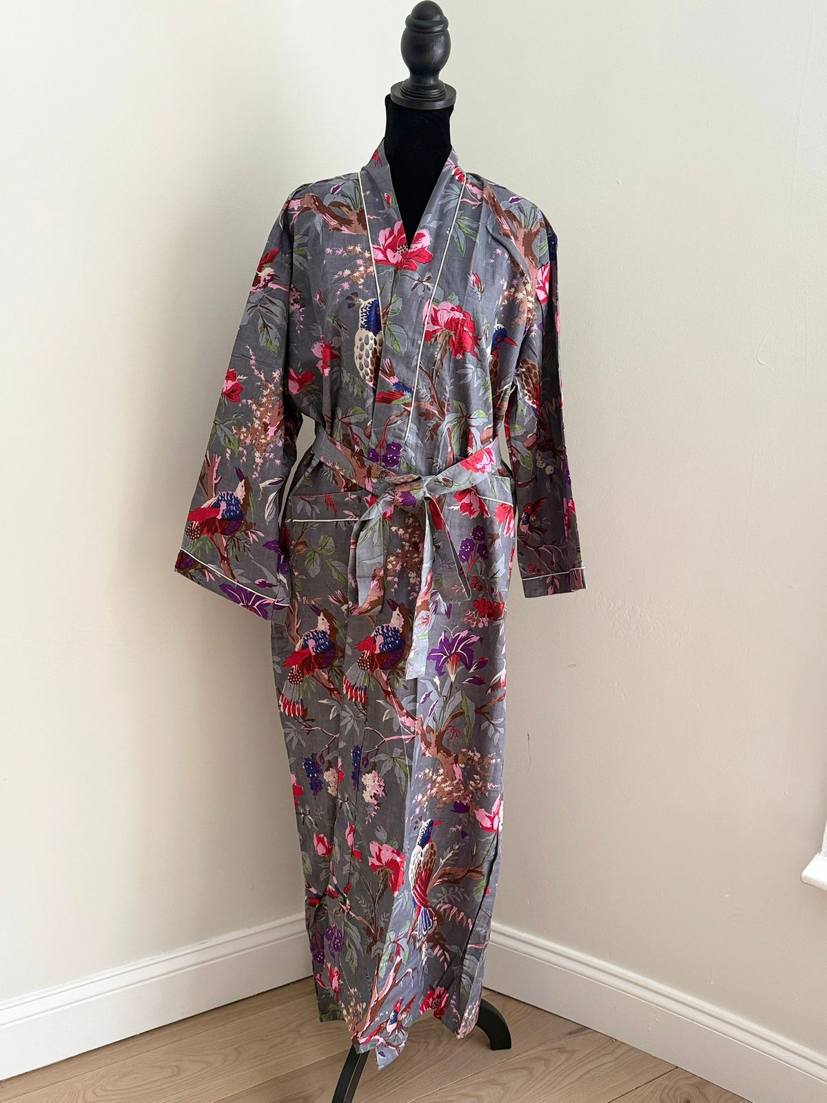 Block Printed Grey Cotton Kimono | Floral & Exotic Bird Motif Lounge Robe | Bohemian Sleepwear