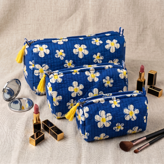 Set Of 3 Makeup Bag, Neel Daisy Floral Block Print Cotton Travel Case, Quilted Cosmetic Storage Bag Set