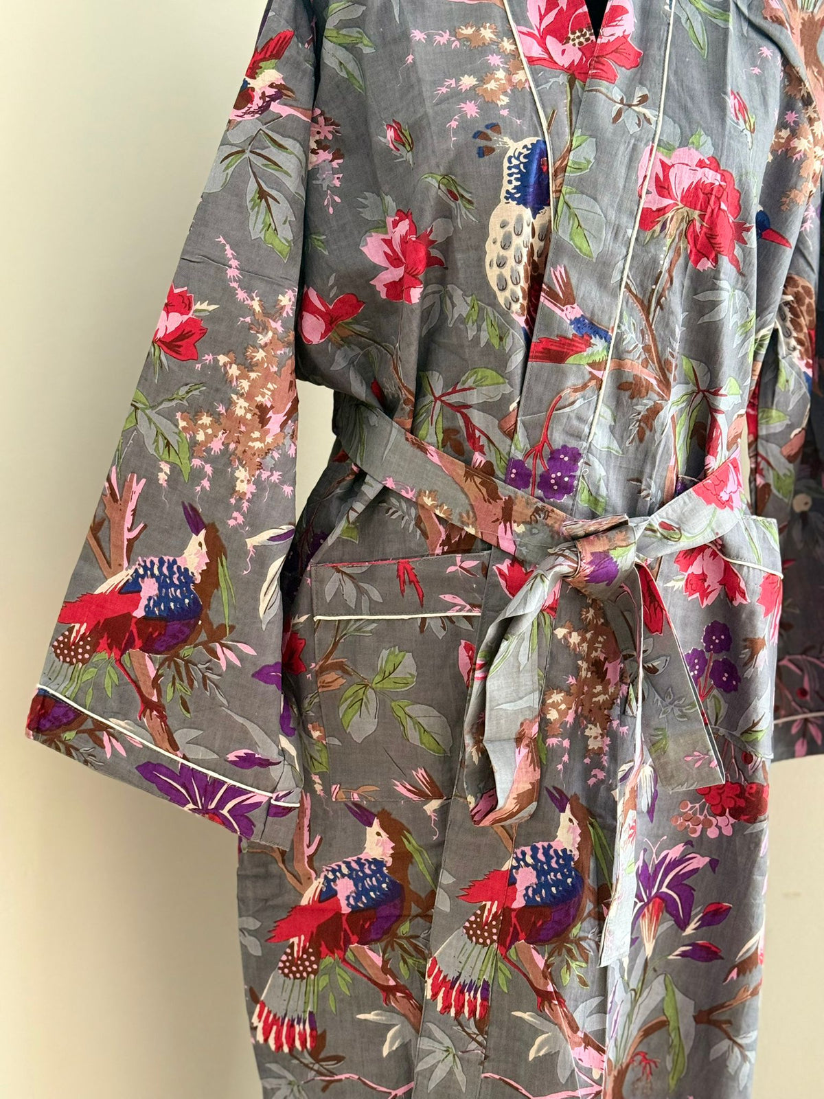 Block Printed Grey Cotton Kimono | Floral & Exotic Bird Motif Lounge Robe | Bohemian Sleepwear
