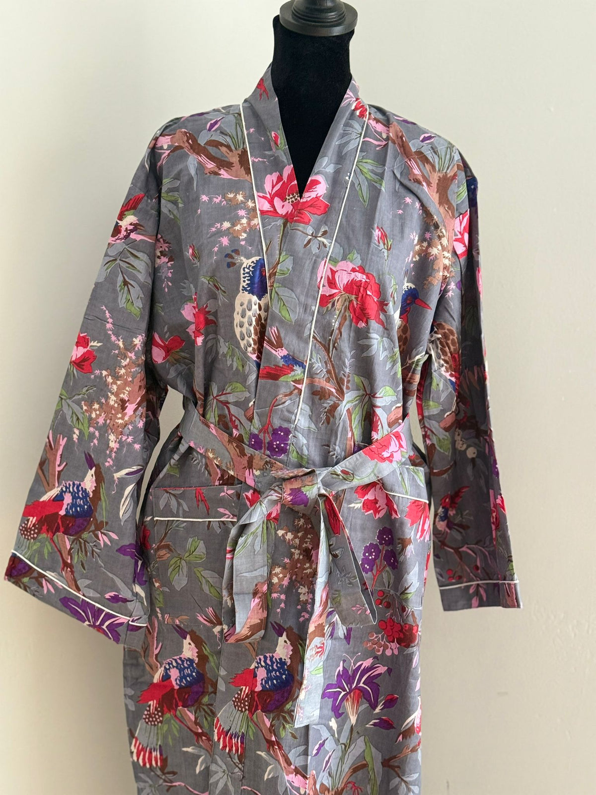Block Printed Grey Cotton Kimono | Floral & Exotic Bird Motif Lounge Robe | Bohemian Sleepwear