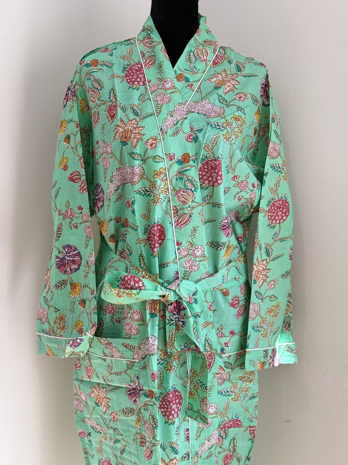 Mint Green & Magenta Floral Print Cotton Kimono | Traditional Block Print Spa Wrap & Lounge Robe