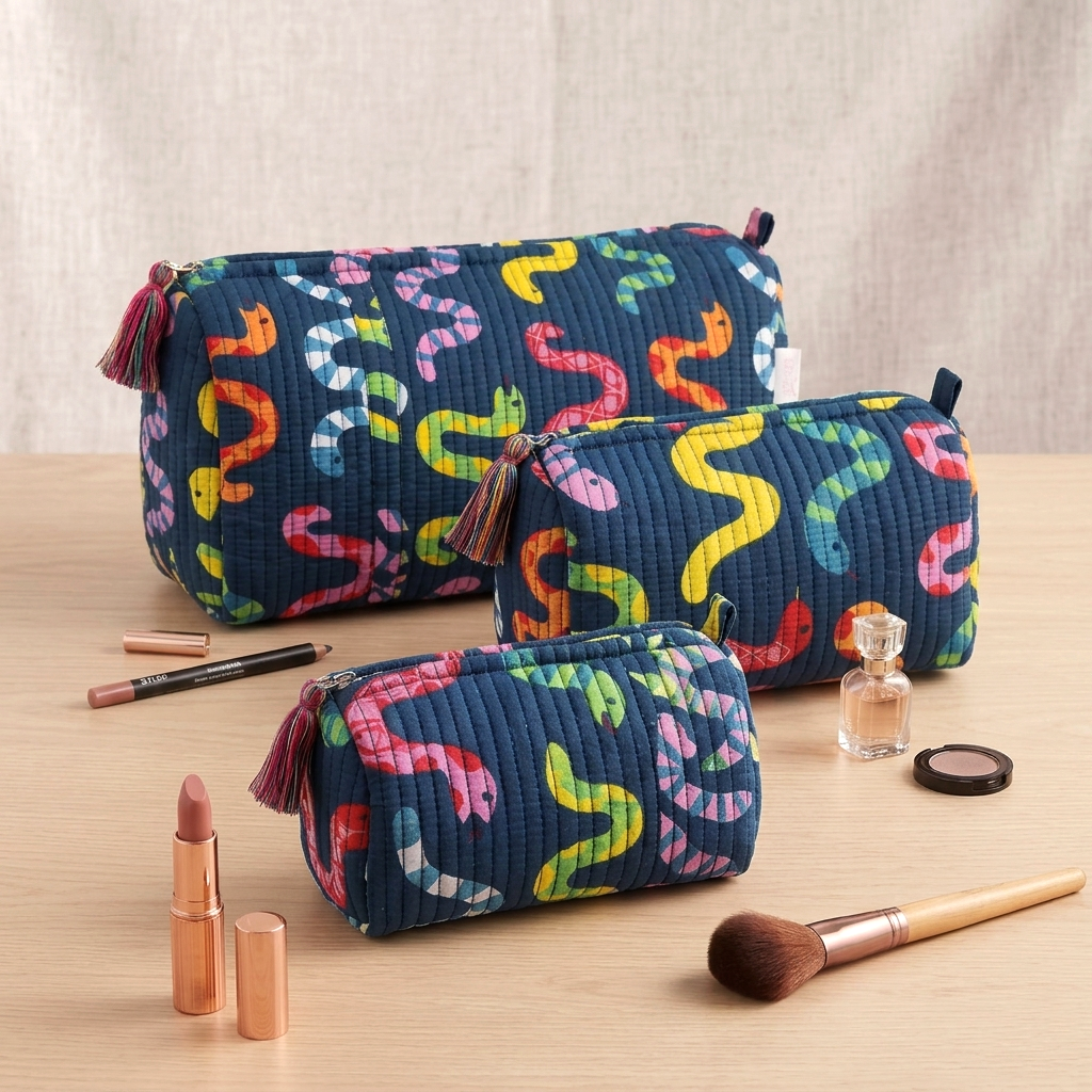 Set Of 3 Makeup Bag, Sunny Waves Print Cotton Travel Case, Quilted Cosmetic Storage Bag Set (Copy)